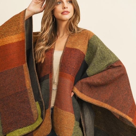 Earth Tones Oversized Plaid Blanket Poncho - Picture 1 of 3